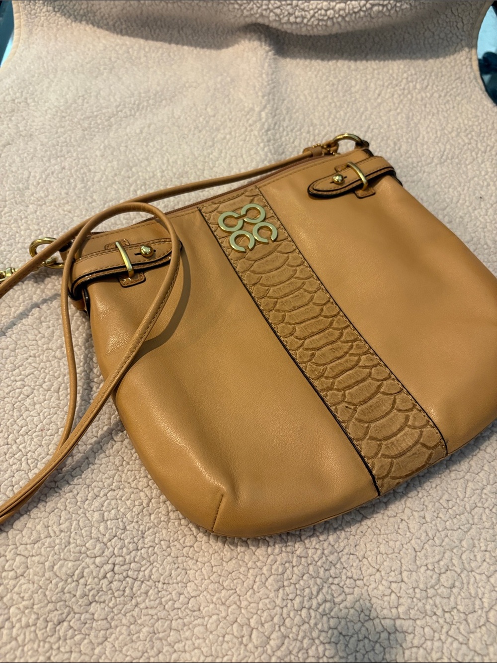Coach Tan Leather Crossbody with Textured Center Stripe